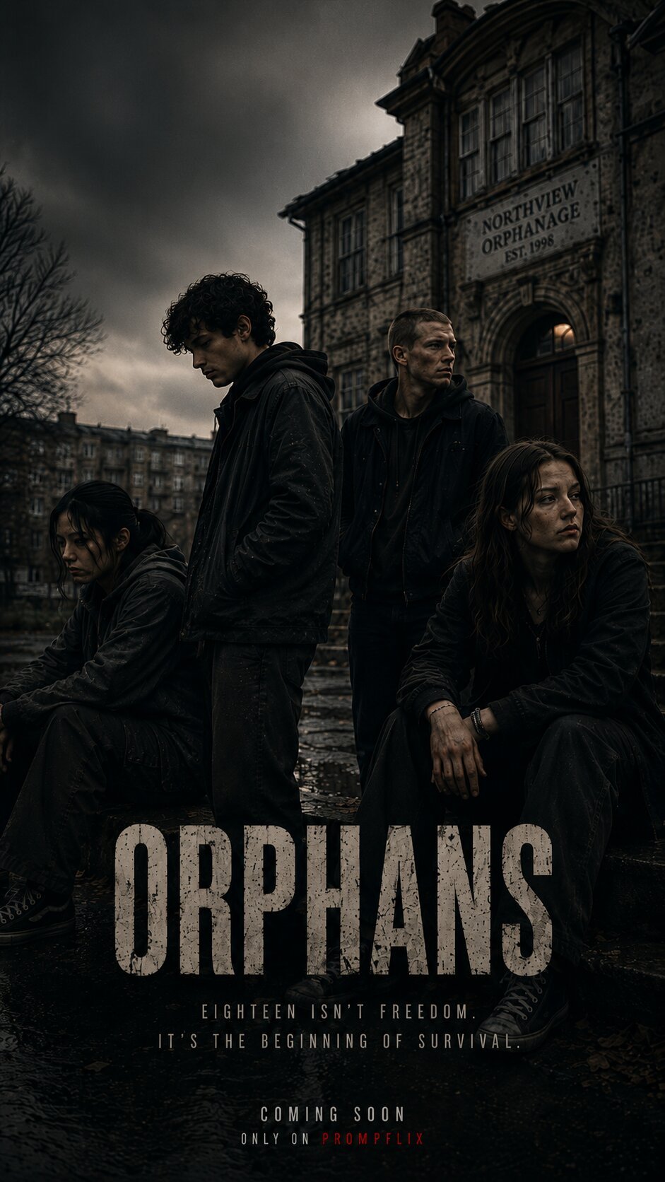 Orphans show poster — teenagers standing together in a grey Eastern-European city street