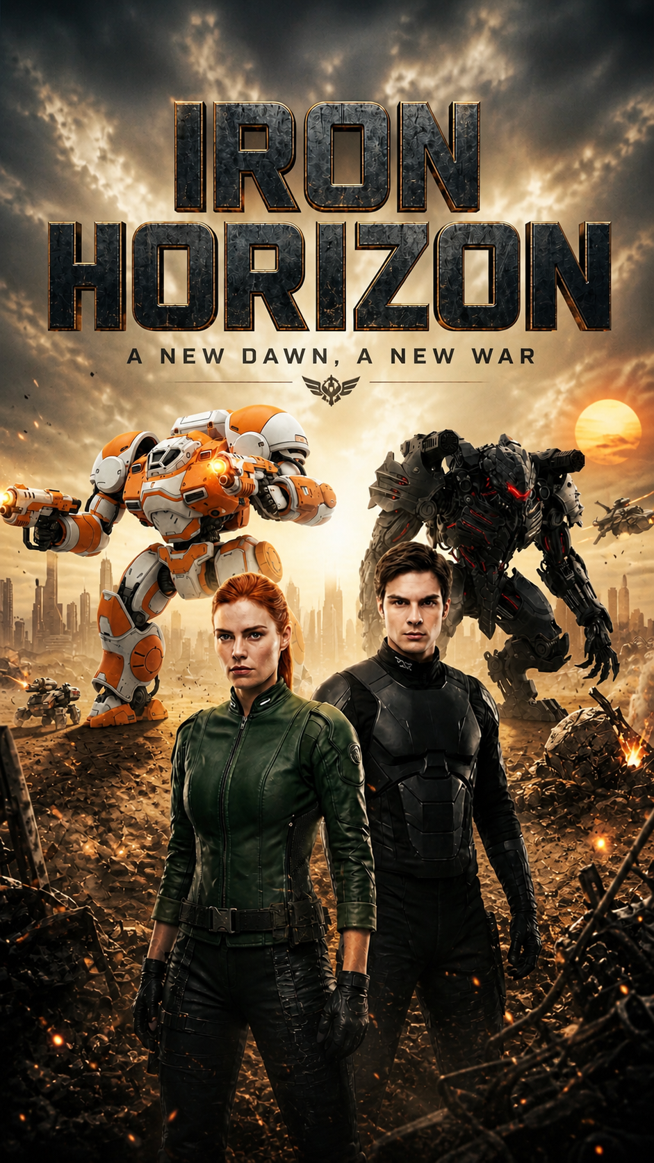 Iron Horizon show poster — armored mechanized soldiers standing in front of war-torn wasteland at dusk