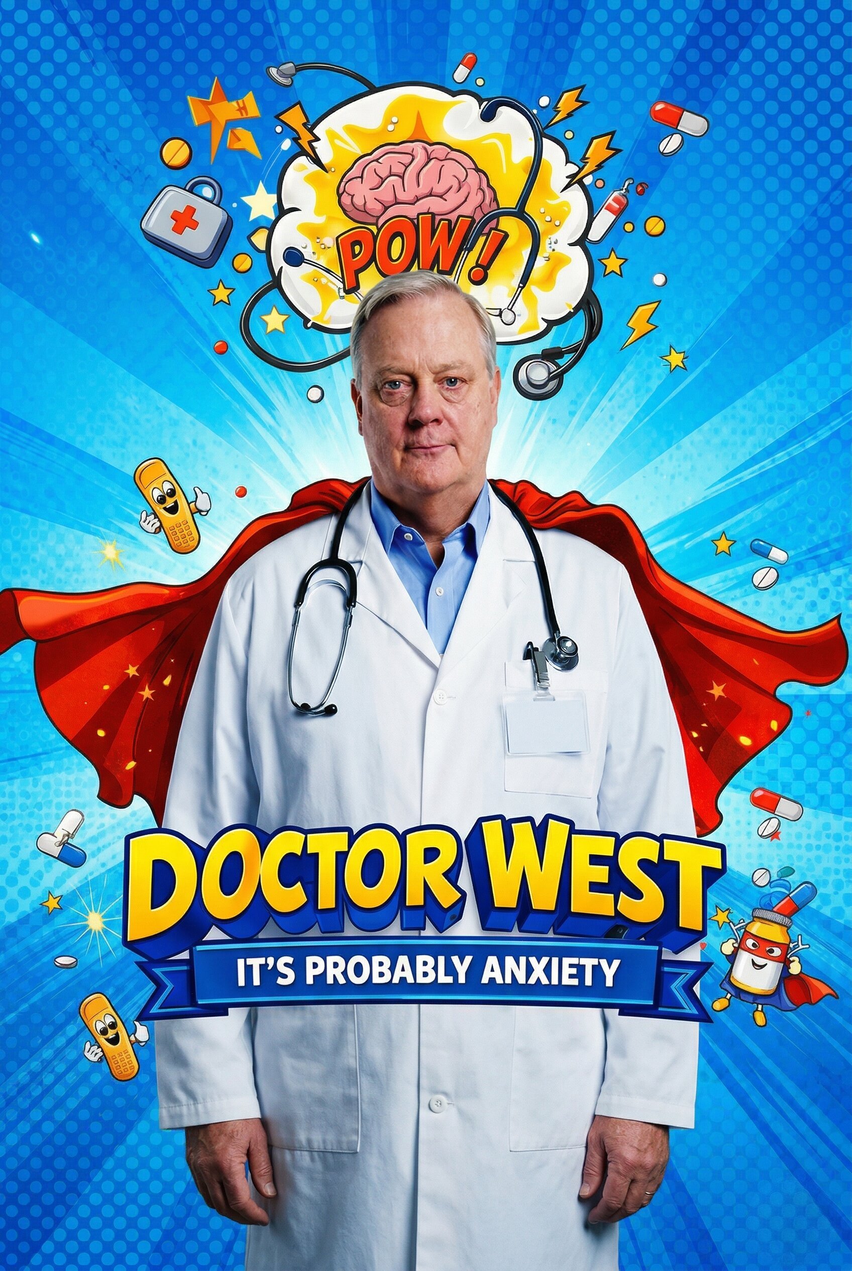Doctor West show poster — confident doctor in white coat standing in clinical setting