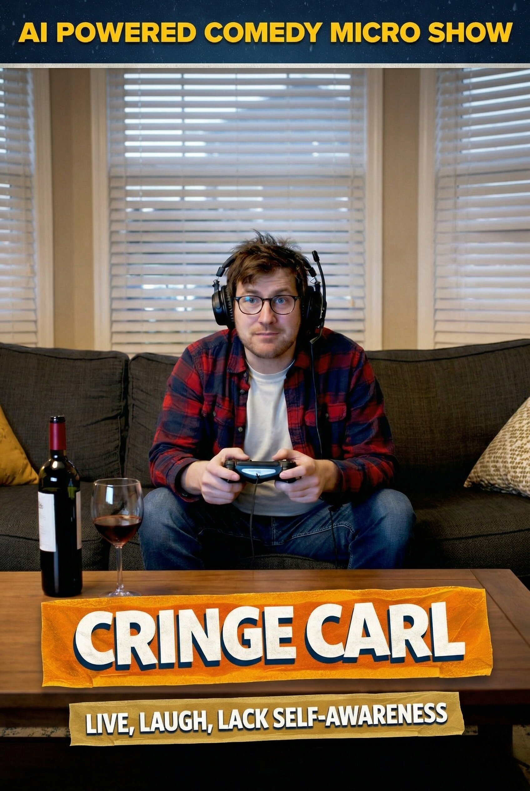 Cringe Carl show poster — awkward man with headphones and gaming controller sitting on couch