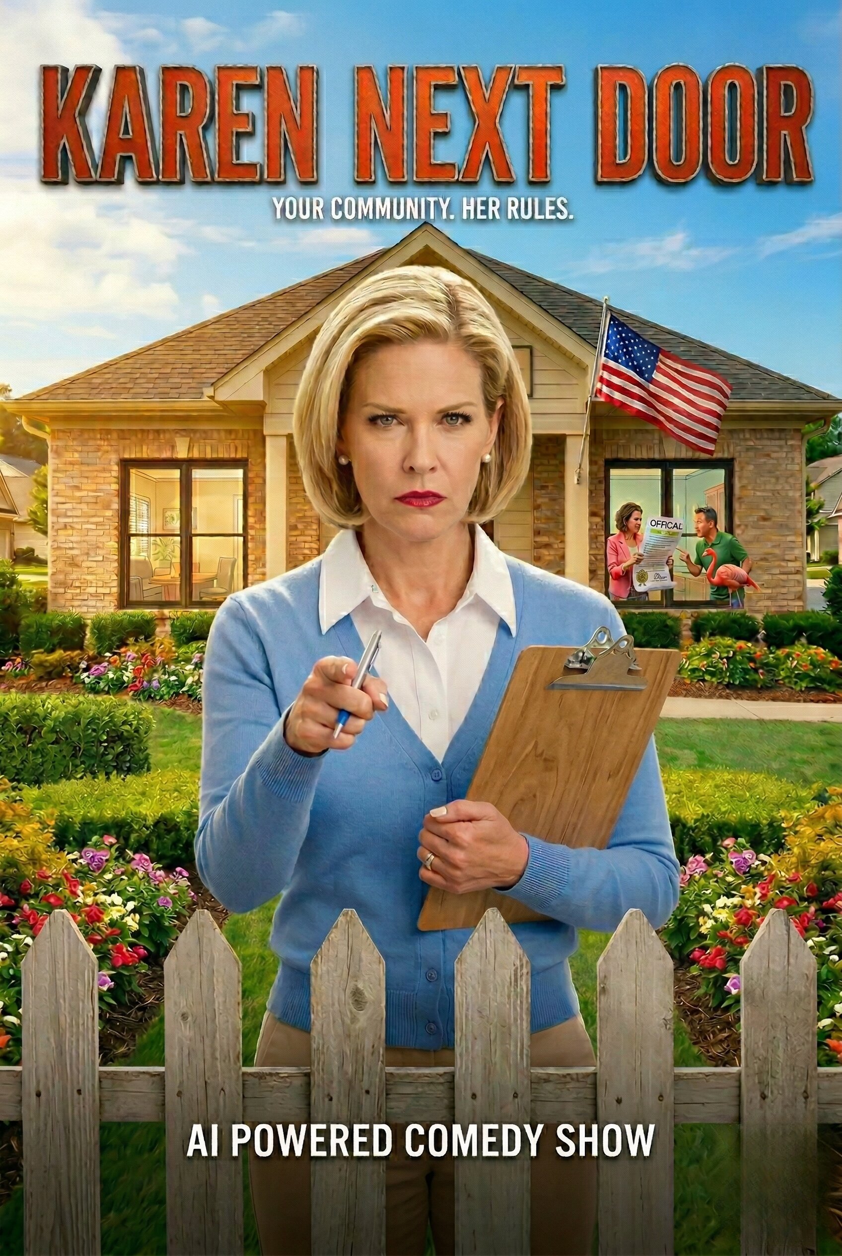 Karen Next Door show poster — confident woman in blue cardigan holding clipboard with American flag house behind her