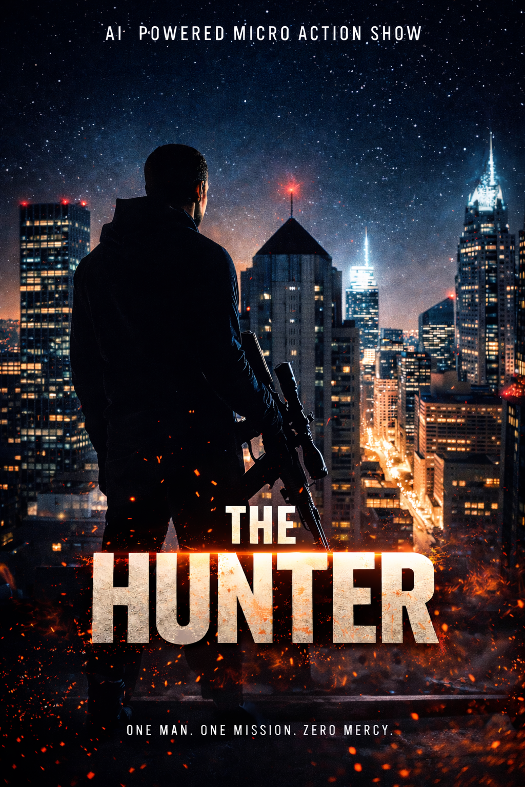 The Hunter show poster — lone figure silhouetted against neon city skyline at night
